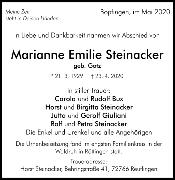Traueranzeige von Marianne Emilie Steinacker von Bopfinger Stadtanzeiger