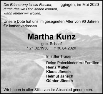 Traueranzeige von Martha Kunz von Gmünder Tagespost