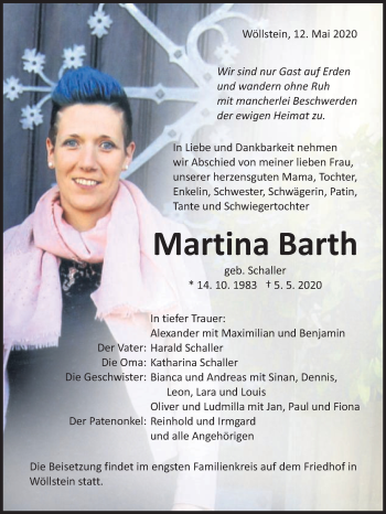 Traueranzeige von Martina Barth von Schwäbische Post