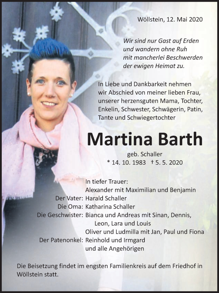  Traueranzeige für Martina Barth vom 12.05.2020 aus Schwäbische Post