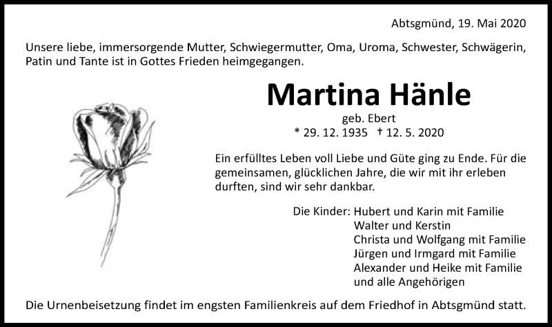  Traueranzeige für Martina Hänle vom 19.05.2020 aus Schwäbische Post
