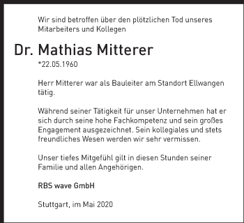 Traueranzeige von Mathias Mitterer von Schwäbische Post