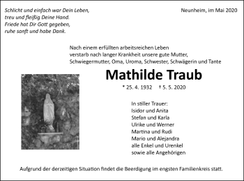 Traueranzeige von Mathilde Traub von Schwäbische Post