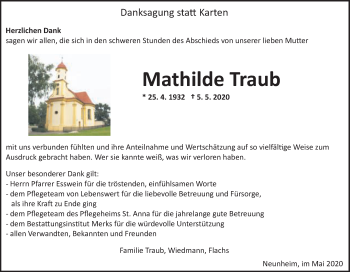 Traueranzeige von Mathilde Traub von Schwäbische Post
