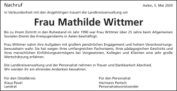 Traueranzeige von Mathilde Wittmer von Schwäbische Post