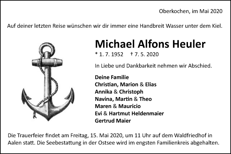  Traueranzeige für Michael Alfons Heuler vom 12.05.2020 aus Schwäbische Post