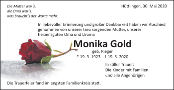 Traueranzeige von Monika Gold von Schwäbische Post