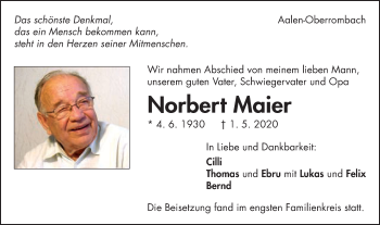 Traueranzeige von Norbert Maier von Schwäbische Post