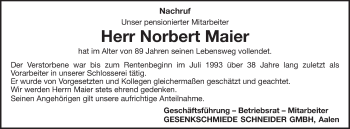 Traueranzeige von Norbert Maier von Schwäbische Post