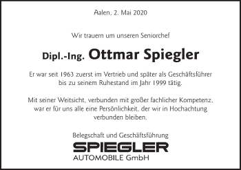 Traueranzeige von Ottmar Spiegler von Schwäbische Post