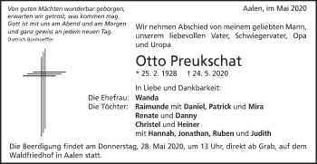 Traueranzeige von Otto Preukschat von Schwäbische Post