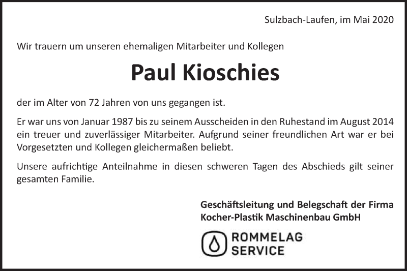  Traueranzeige für Paul Kioschies vom 23.05.2020 aus Schwäbische Post