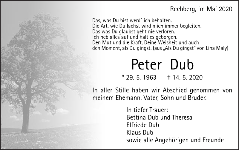  Traueranzeige für Peter Dub vom 22.05.2020 aus Gmünder Tagespost