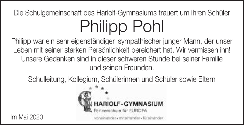  Traueranzeige für Philipp Pohl vom 06.05.2020 aus Schwäbische Post