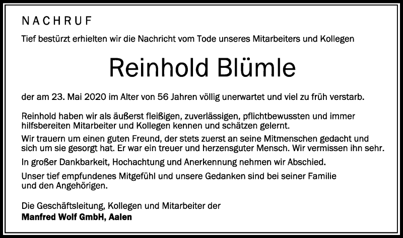  Traueranzeige für Reinhold Blümle vom 29.05.2020 aus Schwäbische Post