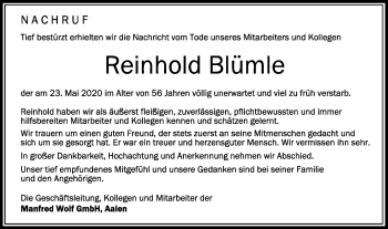 Traueranzeige von Reinhold Blümle von Schwäbische Post