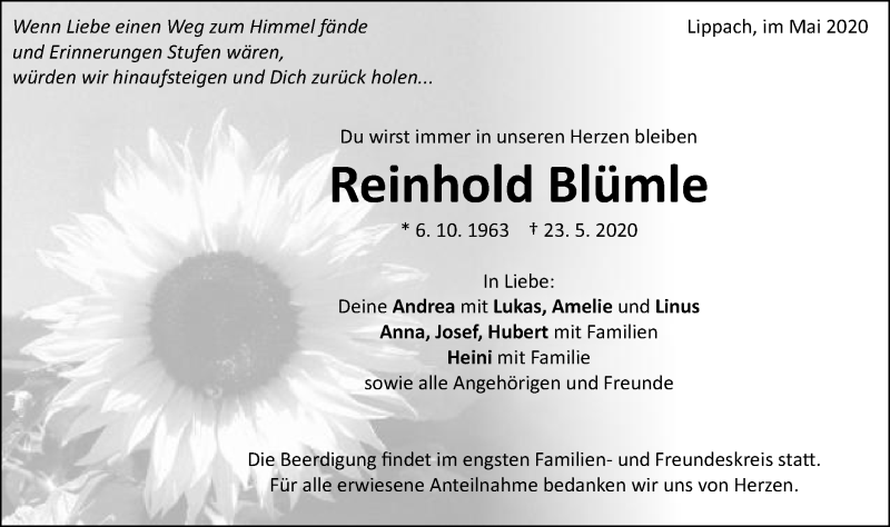  Traueranzeige für Reinhold Blümle vom 28.05.2020 aus Schwäbische Post