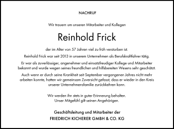 Traueranzeige von Reinhold Frick von Schwäbische Post
