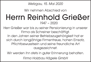 Traueranzeige von Reinhold Grießer von Gmünder Tagespost