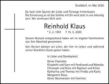 Traueranzeige von Reinhold Klaus von Gmünder Tagespost
