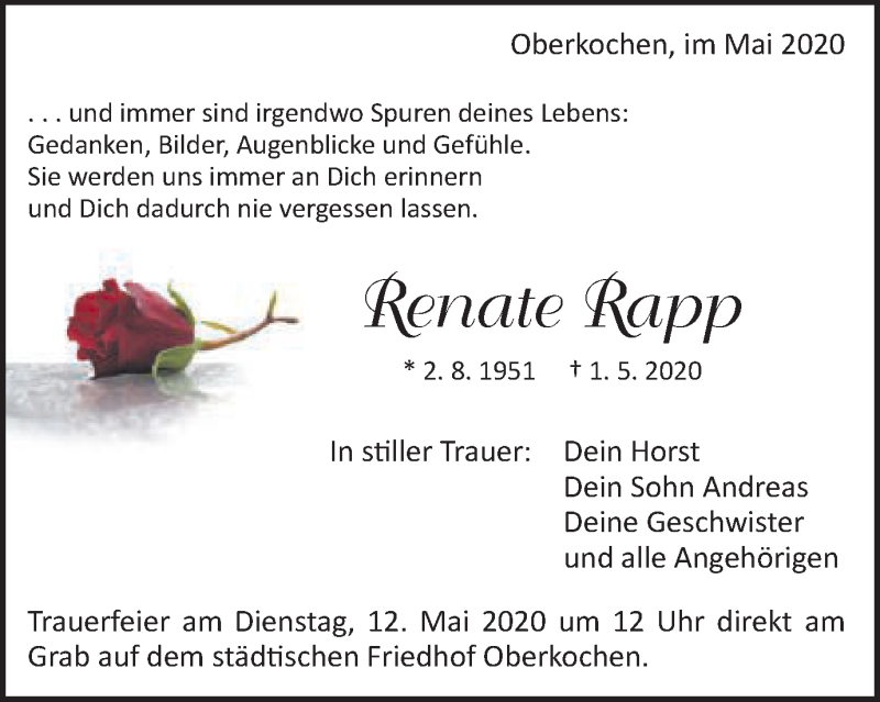  Traueranzeige für Renate Rapp vom 08.05.2020 aus Schwäbische Post