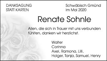 Traueranzeige von Renate Sohnle von Gmünder Tagespost