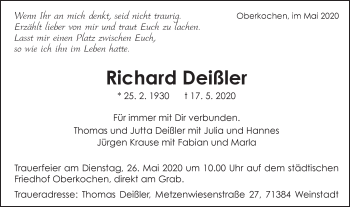 Traueranzeige von Richard Deißler von Schwäbische Post
