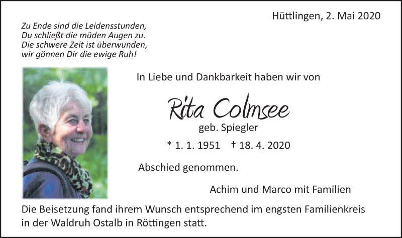  Traueranzeige für Rita Colmsee vom 02.05.2020 aus Schwäbische Post