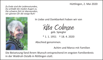 Traueranzeige von Rita Colmsee von Schwäbische Post