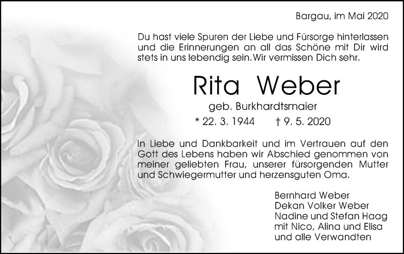  Traueranzeige für Rita Weber vom 15.05.2020 aus Gmünder Tagespost
