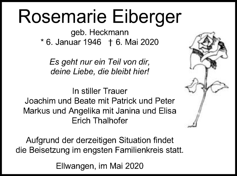  Traueranzeige für Rosemarie Eiberger vom 08.05.2020 aus Schwäbische Post