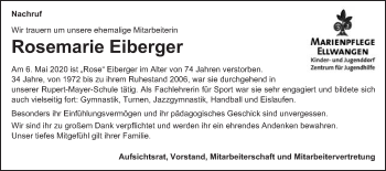 Traueranzeige von Rosemarie Eiberger von Schwäbische Post
