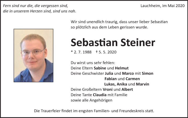  Traueranzeige für Sebastian Steiner vom 07.05.2020 aus Schwäbische Post