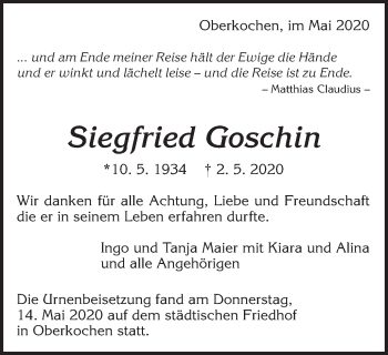 Traueranzeige von Siegfried Goschin von Amtsblatt_Oko