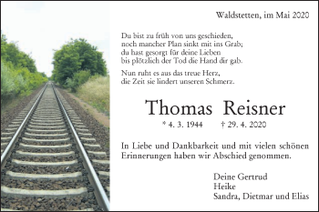 Traueranzeige von Thomas Reisner von Gmünder Tagespost