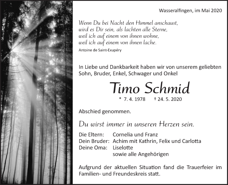  Traueranzeige für Timo Schmid vom 30.05.2020 aus Schwäbische Post