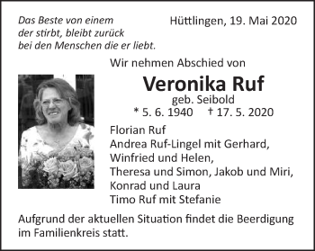 Traueranzeige von Veronika Ruf von Schwäbische Post