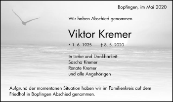 Traueranzeige von Viktor Kremer von Schwäbische Post