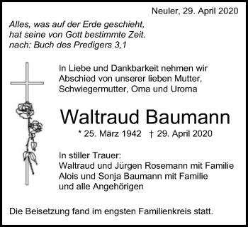 Traueranzeige von Waltraud Baumann von Schwäbische Post