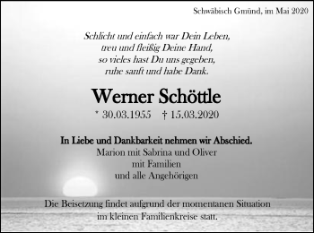 Traueranzeige von Werner Schöttle von Gmünder Tagespost