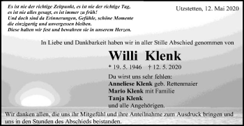 Traueranzeige von Willi Klenk von Gmünder Tagespost