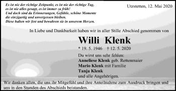 Traueranzeige von Willi Klenk