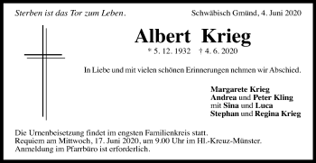 Traueranzeige von Albert Krieg von Gmünder Tagespost