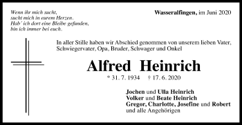 Traueranzeige von Alfred Heinrich von Schwäbische Post