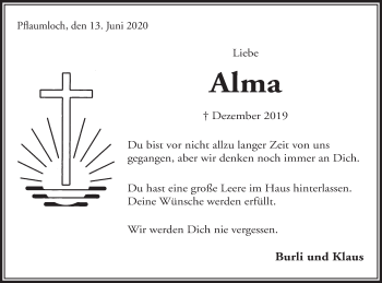 Traueranzeige von Alma  von Schwäbische Post