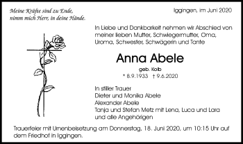 Traueranzeige von Anna Abele von Gmünder Tagespost