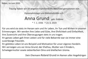 Traueranzeige von Anna Grund von Schwäbische Post