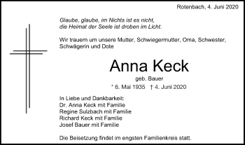 Traueranzeige von Anna Keck von Schwäbische Post