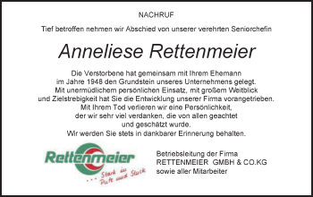 Traueranzeige von Anneliese Rettenmeier von Schwäbische Post