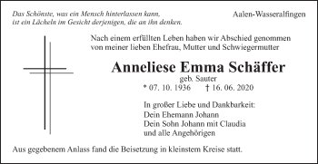 Traueranzeige von Anneliese Emma Schäffer von Schwäbische Post